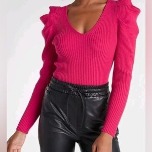 EXPRESS Pink Puff Sleeve Ribbed Sweater